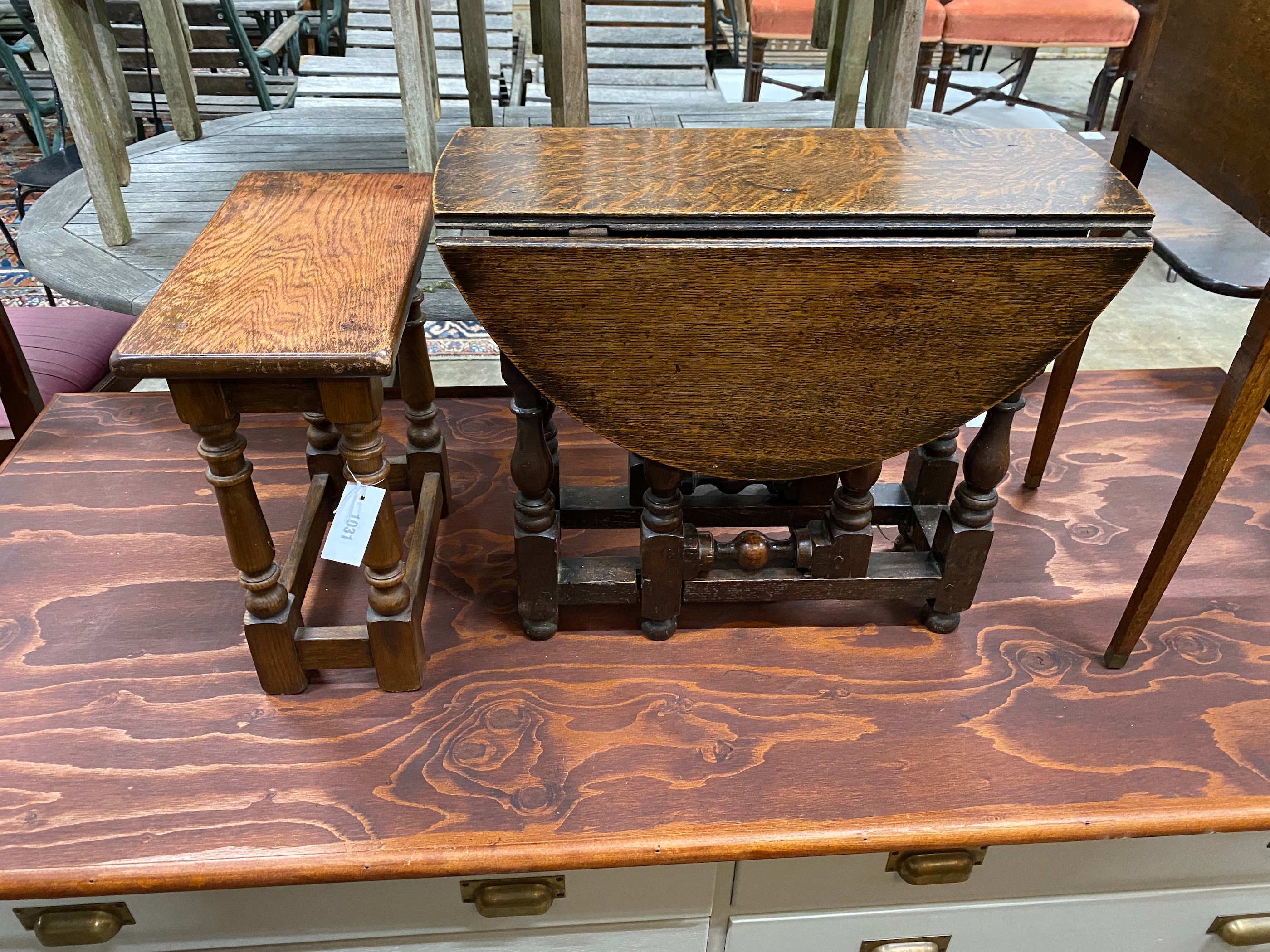 An 18th century style gateleg occasional table, width 59cm, height 50cm together with a smaller joint stool